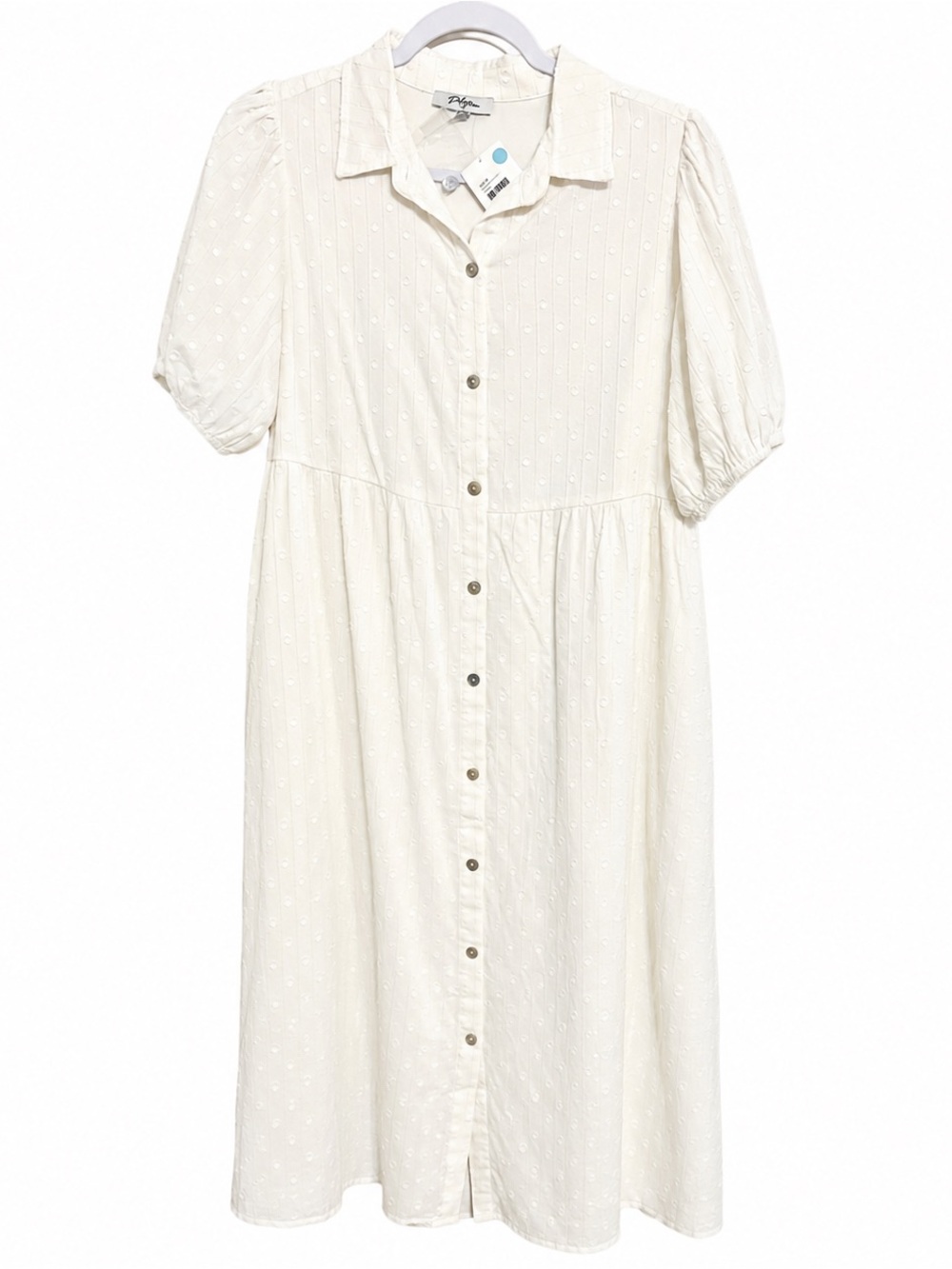 White Swiss Dot Midi Dress Cottagecore Prairie Coquette Button Front Medium